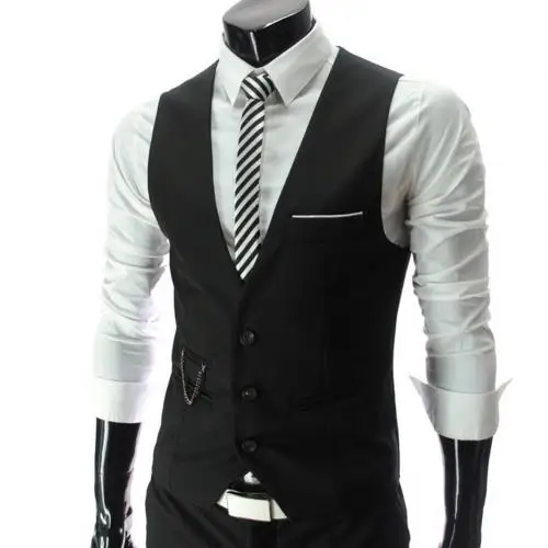 Модные мужские жилеты, жилет, жилет, однотонный, v-образный вырез, без рукавов, на пуговицах, блейзер размера плюс, деловой пиджак, жилеты - Цвет: Черный