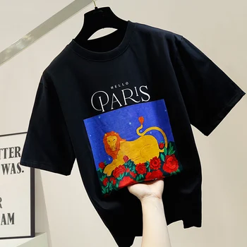 

Black Tshirt Woman White T Shirt 2020 Summer New Style Lion Printed Crew Neck Lettered Short Sleeve T-shirt Ladies Tops
