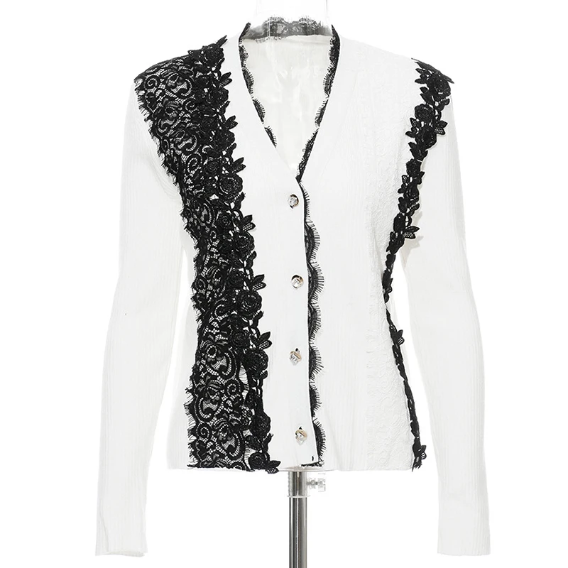Women Sweater Colorblock Lace Applique Spring Autumn Knitted Cardigans |