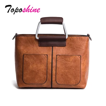

Toposhine Double Pouch Embroidery Women Handbag Metal Handle Portable Bag Vintage Oil Leather Woman Bag Female Shoulder Bag