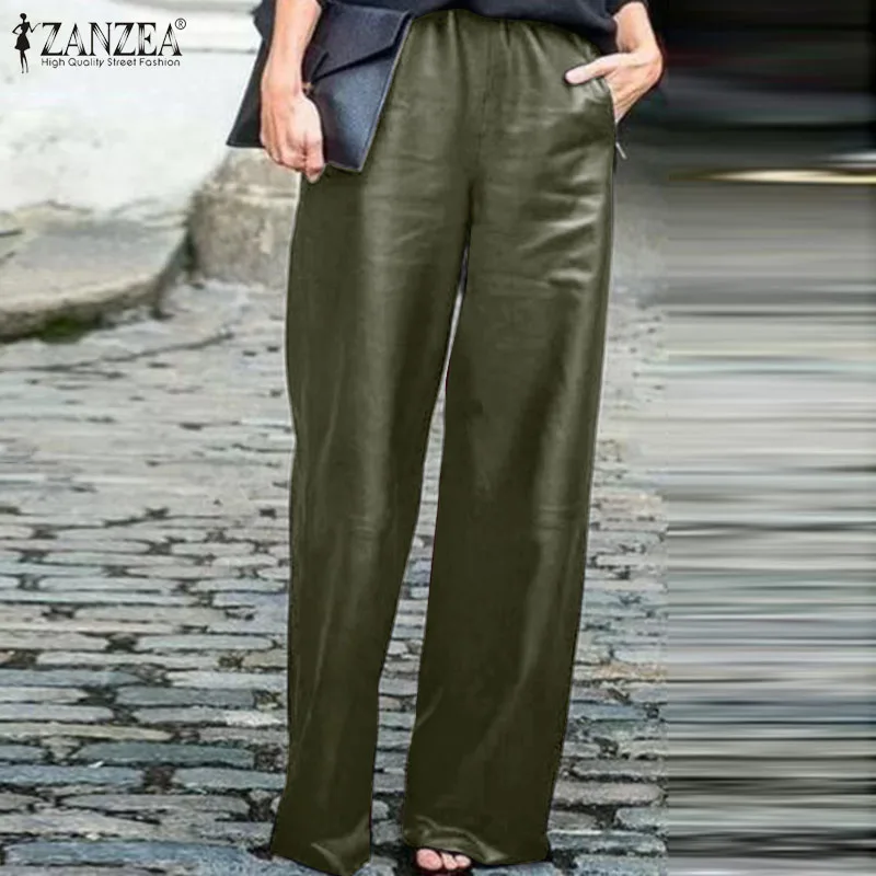 Plus Size Women's Wide Leg Trouser ZANZEA 2020 Stylish Faux Leather Pants Casual Elastic Waist Long Pantalon Female Black Turnip Plus Size Women's Wide Leg Trouser ZANZEA 2020 Stylish Faux Leather Pants Casual Elastic Waist Long Pantalon Female Black Turnip