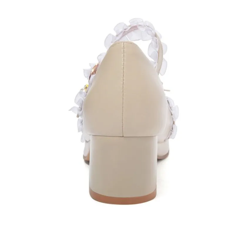 2020 Spring New Sweet Bow Women Pumps Lolita Shoes Fashion Lace Thick 5cm High Heel Buckle Strap Shoe Pumps Woman Big Size 30-46 (3)