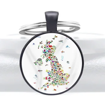 

Classic United Kingdom Map Glass Dome Unique Black Color Key Chains Men Women Key Ring Jewelry Gifts
