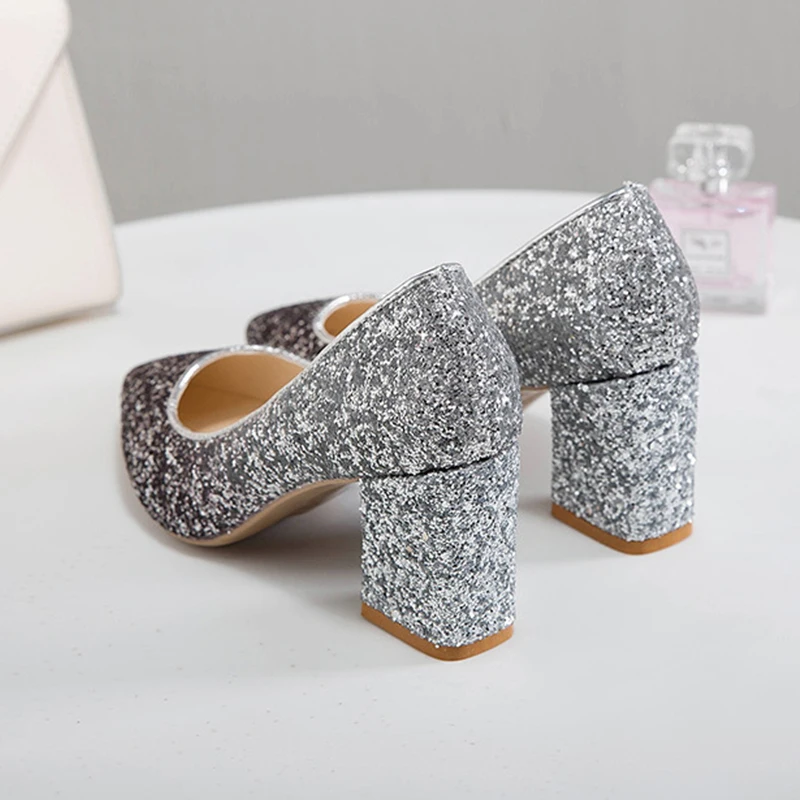 Temperament Elegant Wedding Shoes Pointed Shallow Mouth Thick With Single Shoes Sequins High Heels Party Dress Bridesmaid Shoes