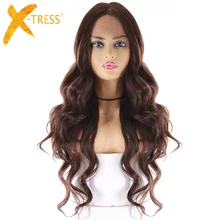 Средняя длина коричневый цвет синтетические волосы парики шнурка для Для женщин X-TRESS 24 дюймов длинные волнистые Синтетические волосы на кружеве парик Средняя часть термостойкие волокна волос