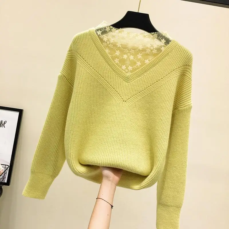 Женские осенние зимние модные кружевные вязаные свитера в стиле пэчворк, женские повседневные теплые пуловеры, женские джемперы, топы N240