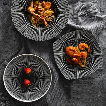 

Simple Striped Ceramic Tableware Matte Black and White Home Restaurant Creative Western Steak Salad Pasta Sushi Straw Hat
