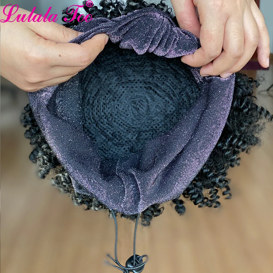 Peruca de Cabelo Kinky para Preto Completas com Anexado 2 em 1 Curto Encaracolado Feminino Cabelo Afro Sintético Bun Perucas Headwrap Cor Preta 1 Cheap Peruca sintética