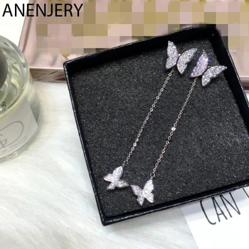 

Anenjery Silver Color Earrings For Women Dazzling Micro CZ Zircon Butterfly Tassel Earrings oorbellen S-E559