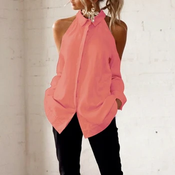 

Women Cold Shoulder Turn Down Collar Shirts Tops Summer Long Sleeve Solid Color Casual Lace Top Lady Shirt Blouse