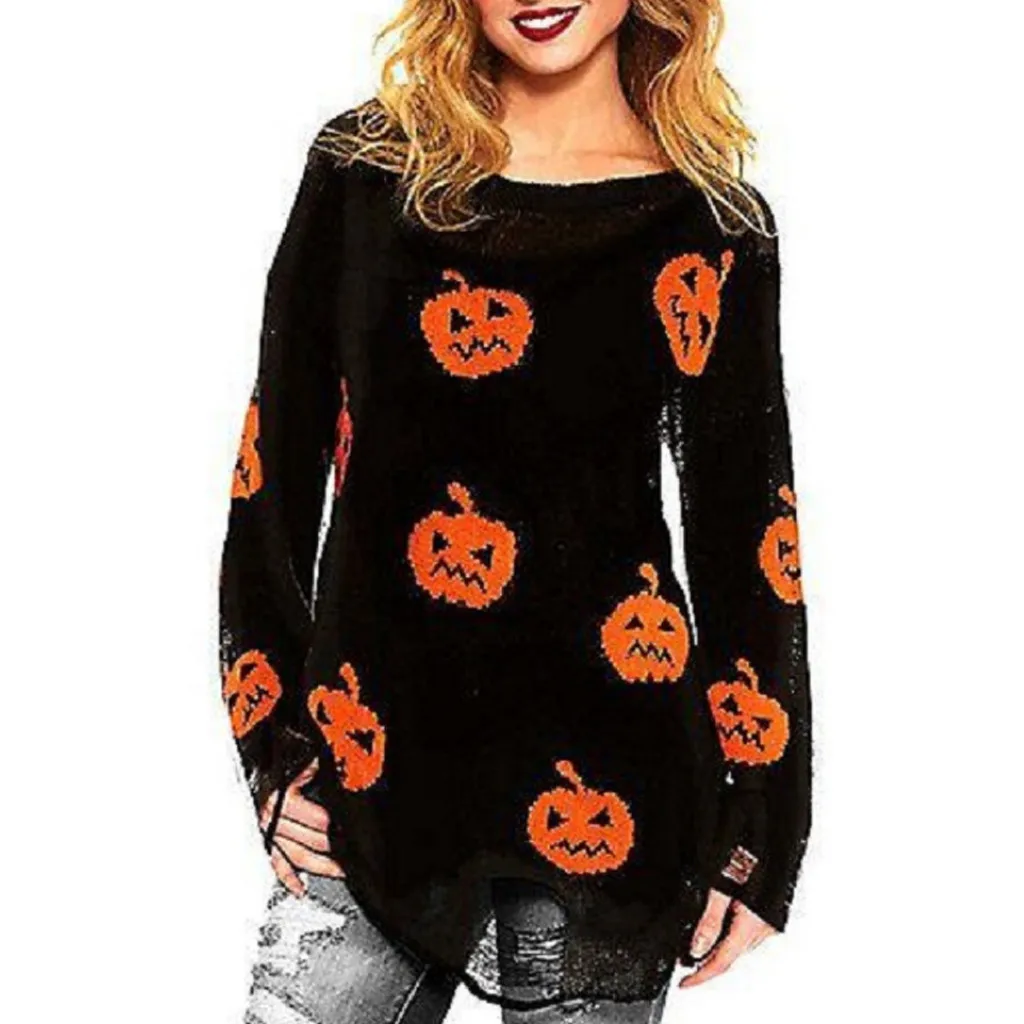 

Halloween Irregular Hem sweater women O-Neck Casual Daily Wear Long Sleeve Hole Loose Sweaters pull femme nouveaute 2019 30