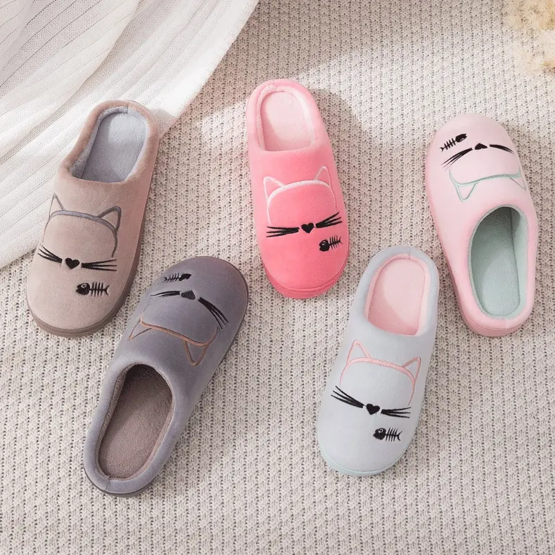 

Cute Winter Home Slippers For Couple Casual Cartoon Cat Soft Flufyy Flat Shoes Plus Size Slip On Indoor Slippers Women