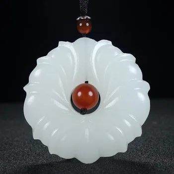 

Natural White Jade Flower Pendant Jadeite Necklace Charm Jewellery Fashion Accessories Hand-Carved Man Luck Amulet Gifts