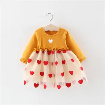 

Cotton Fashion Round Collar Baby Dresses Love Embroidery Fashionable Screen Princess Splicing Long Sleeves Girls Dress
