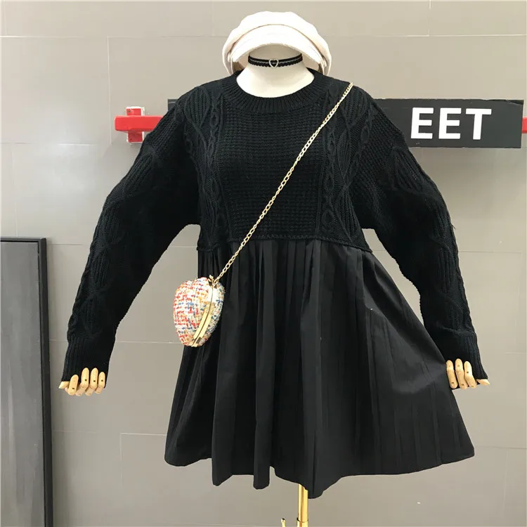 Корейское осенне-зимнее новое трикотажное комбинированное платье из двух частей женский пуловер свитер женское платье плюс размер элегантное платье