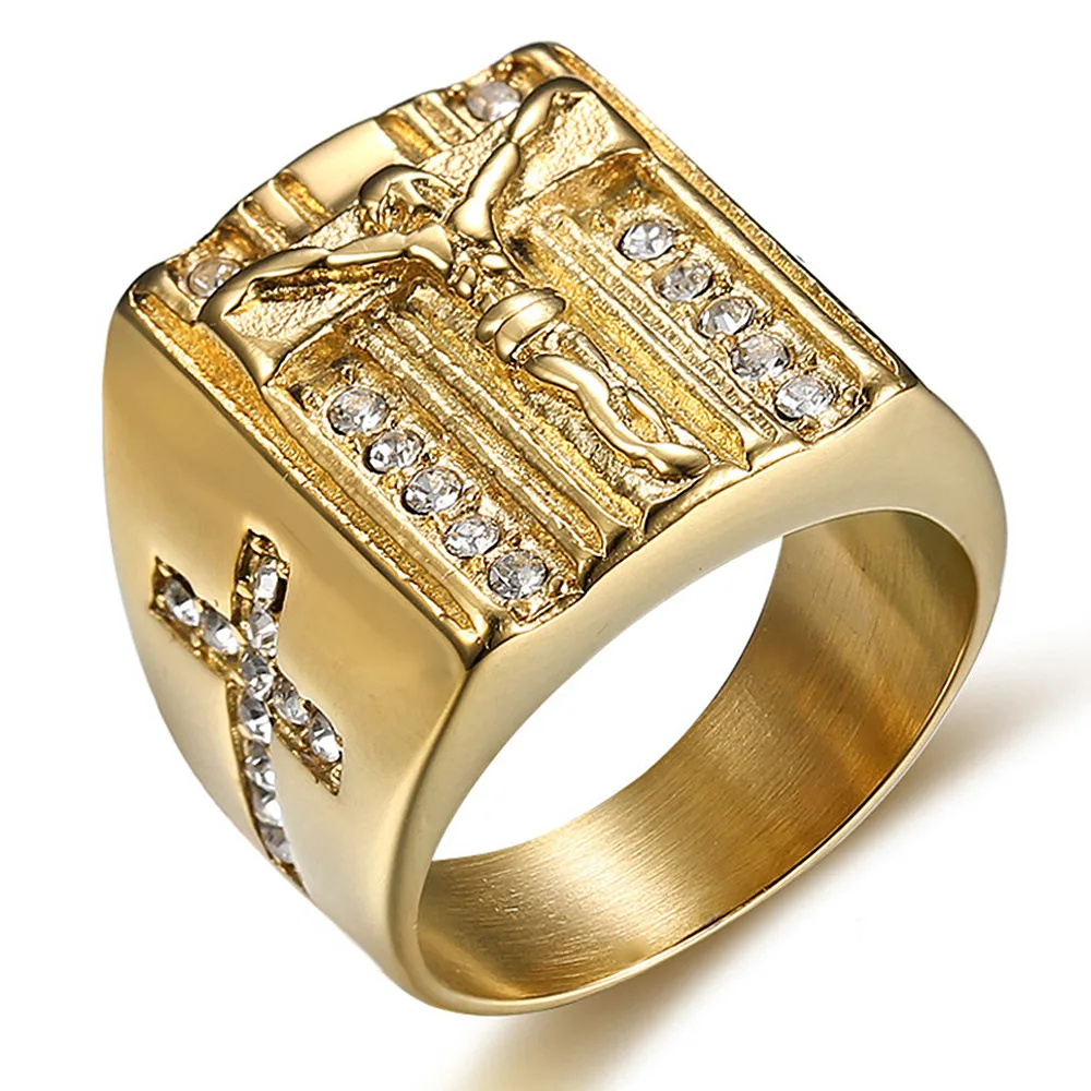 Vintage cross Jesus religious zircon diamonds gemstones rings for men gold color titanium stainless steel punk jewelry accessory Vintage cross Jesus religious zircon diamonds gemstones rings for men gold color titanium stainless steel punk jewelry accessory