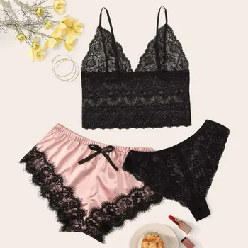

Women Pajamas Sets Sexy Lace Sleeveless Cami Top And Shorts Silk Soft Home Clothes Underwear Sleepwear Pajamas For Women Pijama