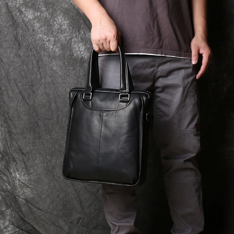 NZPJ Men's Leather Business Handbag Top Layer Cowhide One Shoulder Messenger Bag Vertical Office Computer Bag Simple Briefcase