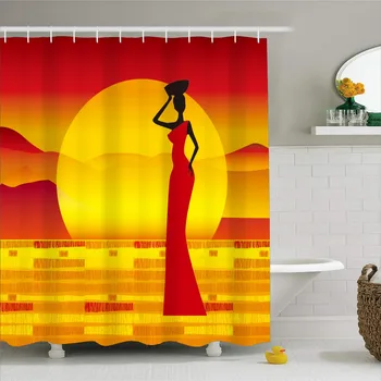 

Africa Women Retro Bath Curtains 3D Desert Golden Sunset Print Polyester Fabric Shower Curtains with Hooks Bathroom Screen