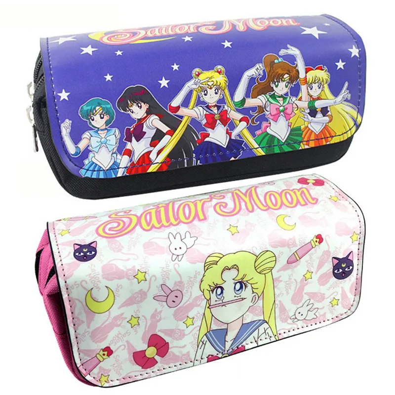 

Women Anime Cosmetic Bags Cute Cartoon Sailor Moon Lady Pen Pencil Purse Double Zipper Large Capacity Leather Make-up Bag Gifts