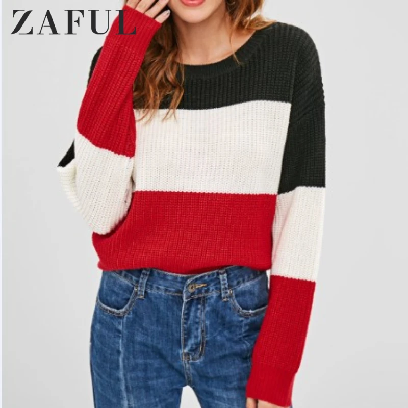 

ZAFUL Winter Oversized Knitted Sweater Boho Striped O-Neck Drop Shoulder Long Bell Sleeves Loose Pullover Casual Jumper Tops