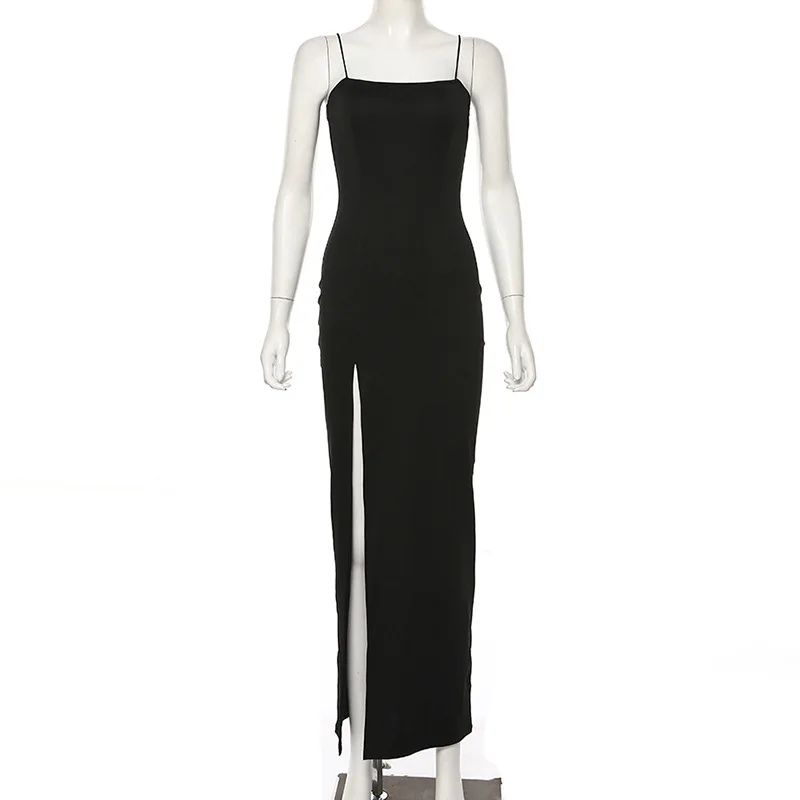 Vestido largo informal de una pieza con cordones y cintura alta, sin mangas, estilo Y2K, con aberturas laterales, estilo sexy, para mujer