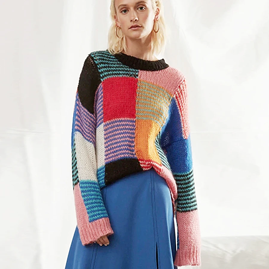 

TEELYNN long sleeve pullover for women Colorful square Mohair boho sweaters Autumn winter warm sweater Casual gypsy knit sweater