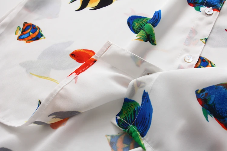 Новое поступление, шифоновая блуза с отложным воротником и принтом тропической рыбы, Повседневная белая рубашка на пуговицах, Feminina Blusa T99004F