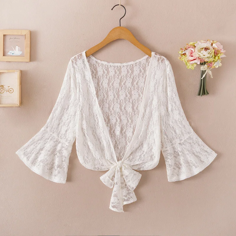Long Chiffon Blouse Cardigan Summer 2020 Woman V Neck Tie Waist Blouse Shirt Black Ruffle Sleeve Top Lace Beach Blouse Cover Up 5