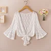 Long Chiffon Blouse Cardigan Summer 2020 Woman V Neck Tie Waist Blouse Shirt Black Ruffle Sleeve Top Lace Beach Blouse Cover Up 5