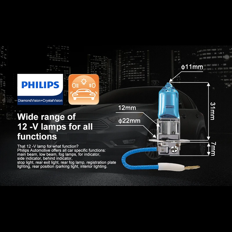 Philips h3 галогенный 55 Вт 12 В Crystal Vision 4300K яркий белый светильник, автомобильная лампа H3, головной светильник T10, подарок, оригинальные аксессуары для автомобиля, 2 шт
