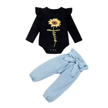 

CANIS Autumn Baby Girl Clothes Long Sleeve Ruffles Sunflower Tops+Bowknot Bowknot Denim Pants Outfit Set