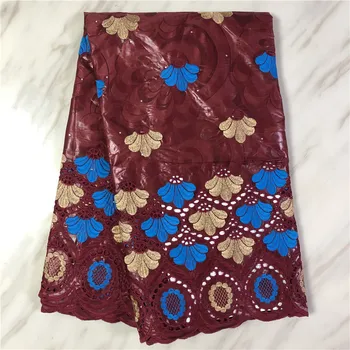 

New Fashion wine African Bazin Lace Fabric Embroidery Nigerian Bazin Riche Lace Fabric With Hole And Stones For Sewing FP824