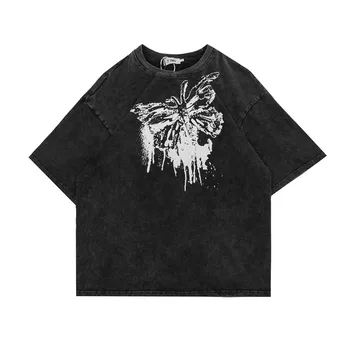 

Original High Street Retro Washed Butterfly Printed Short Sleeve T-shirt Men and Women Harajuku O Neck Cotton T Shirt Oversize