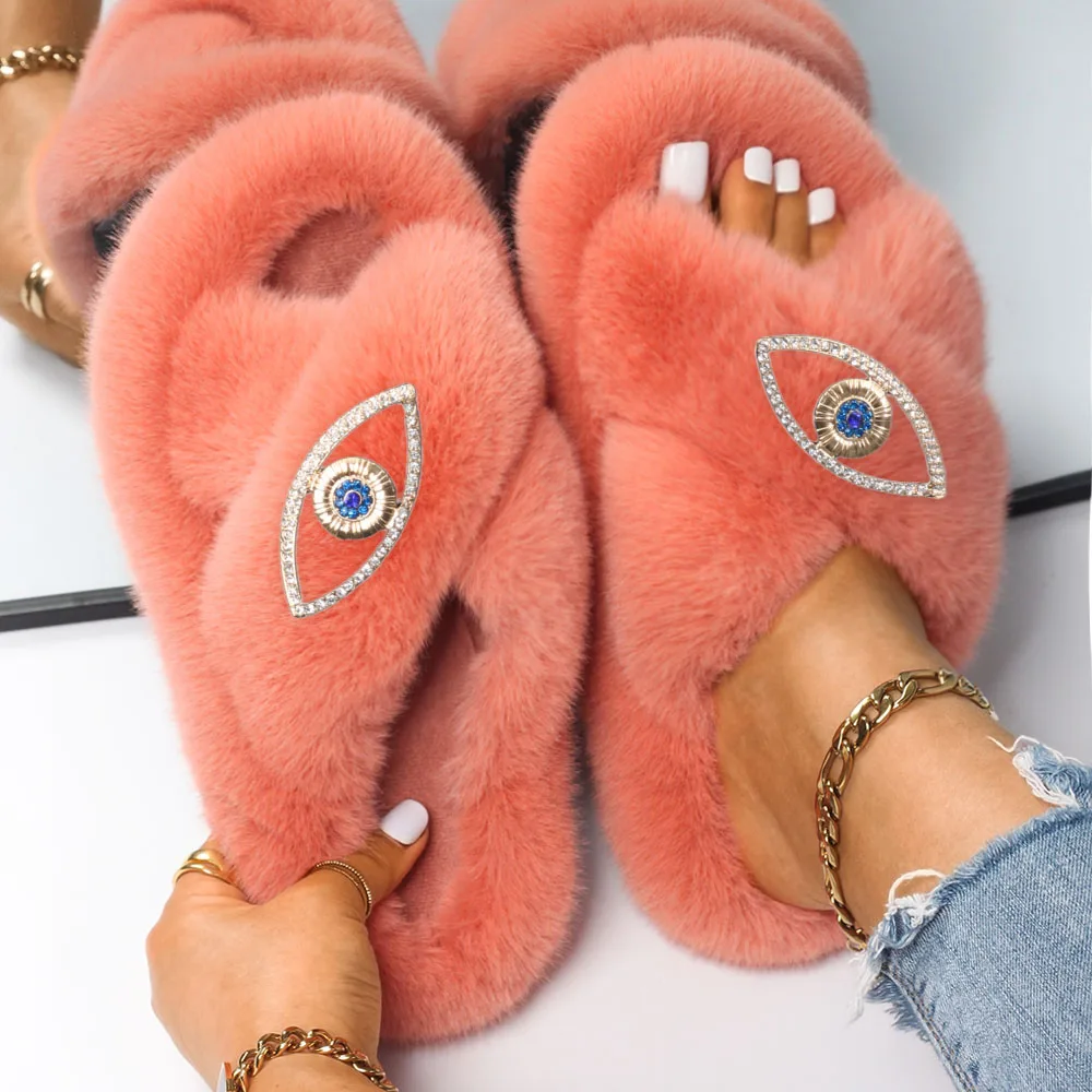 Women Home Slippers Designer Furry Slides Faux Fur Sandals Ladies Luxury Decor Fluffy Slippers Flip Flops Female Flat Shoes 2022