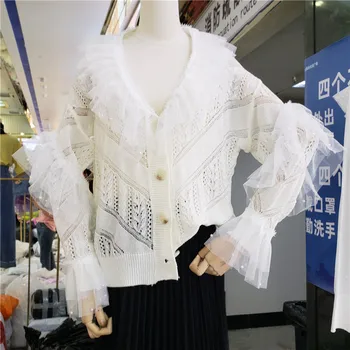 

New European Women's Mesh Lace Beaded Knitted Cardigan Women's Knitted Coat Thin Sweaters Fashion Knit Sweater Women Thin Shirts