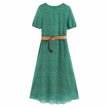 

New Women vintage o neck short sleeve buckle printing casual slim chiffon dress Ladies Vestidos Chic straight Dresses DS3401