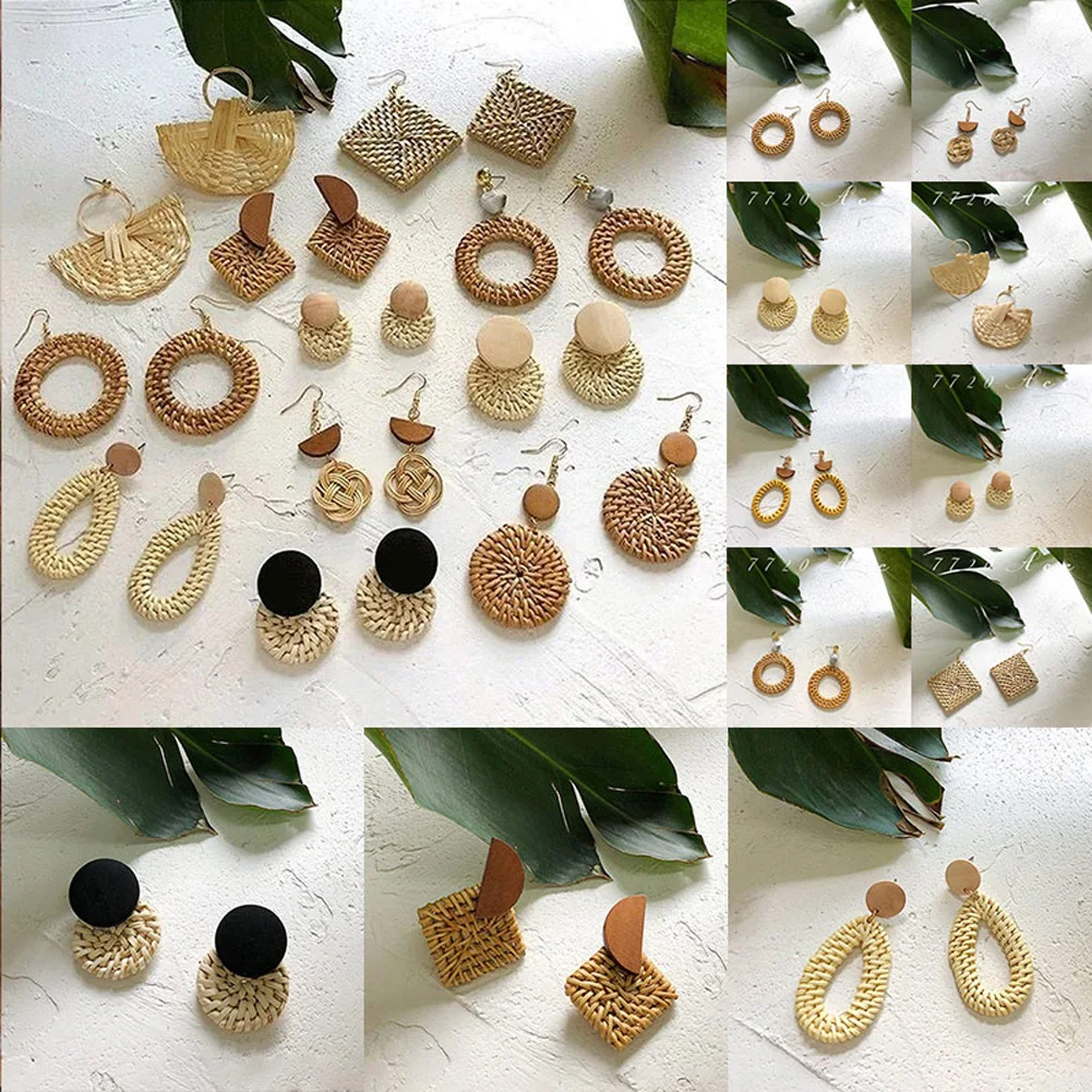 

Multiple Korea Handmade Bamboo Braid Wood Beaded Pendent Drop Earrings For Women New Fashion Vintage Jewelry Rattan Knit Long