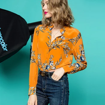 

High Quality 100% Heavy Silk Blouse Women Shirt Floral Print V-Neck Vintage Long Sleeves Casual Tops Elegant Style New Fashion