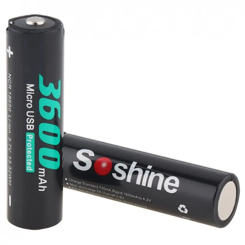 FFYY-Soshine 2 шт Ncr 18650 Li-ion 3,7 V 13.32Wh 3600Mah аккумуляторная батарея с Micro-Usb защищена для фонарика/головы