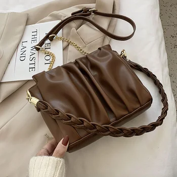 

Folds Design Small PU Leather Bags for Women 2021 Braided Shoulder Strap Crossbody Shoulder Handbags Travel Chain Hand Bag