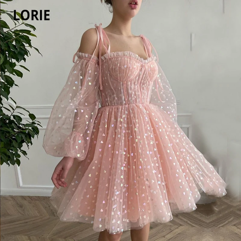 

LORIE сказочные платья для выпускного милое Персиковое Тюлевое платье А-силуэта с длинными рукавами для свадебной вечеринки Короткие Выпускные халаты для коктейля