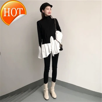 

Spring Patchwork 2020 Pullovers Knitted Sweater For Women Turtleneck Flare Sleeve Irregular Female Jumper Sweaters Tide
