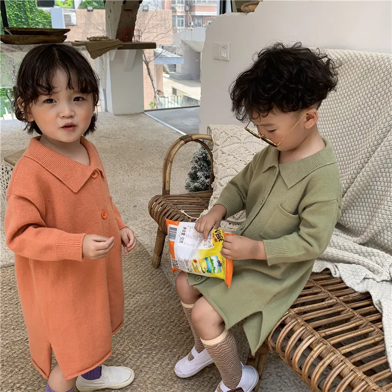 

MILANCEL boys sweaters fashion kids long sweaters single breast girls cardigans turn down collar knitwear