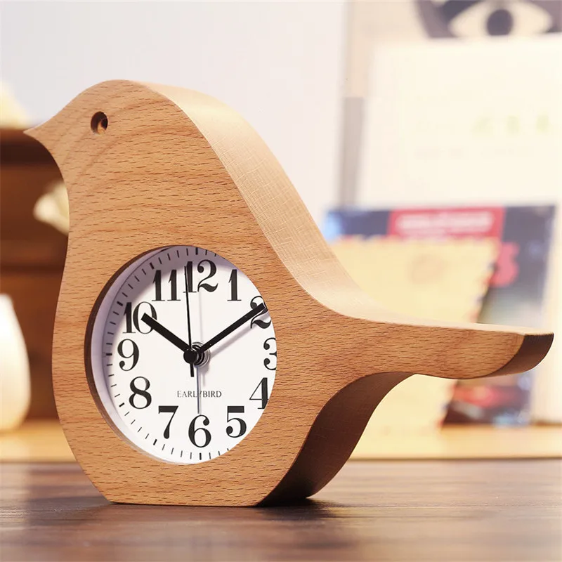Wooden Bird Shape Alarm Clock Mute Student Personality Office Desktop Clock Fashion Modern Design Table Clock Home Decoration