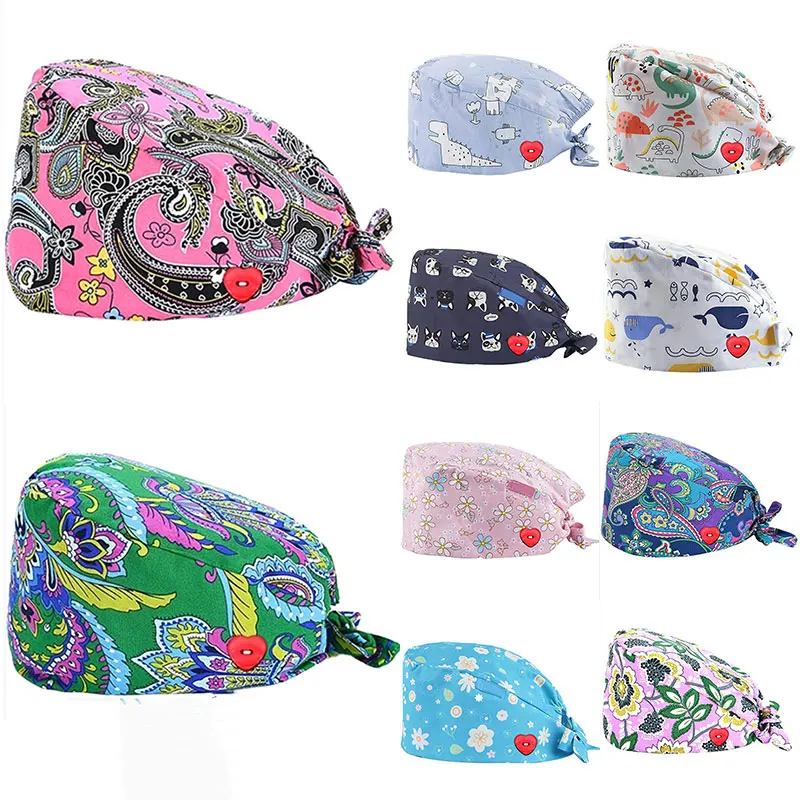 

Wholesale Unisex Frosted Cap Adjustable Laboratory Work Cap Cotton Cartoon Female Hero Cute Baotou Cap Pet Print Work Cap