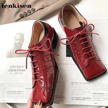 

Lenkisen unique high fashion popular genuine leather shoes square toe med heels women mixed colors handsome lace up pumps L05