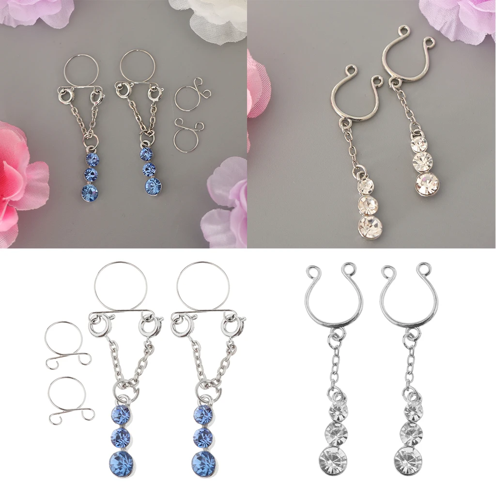 6Pcs Stainless Steel Nipple Rings No Pierced Punk Crystal Dangle Nipple