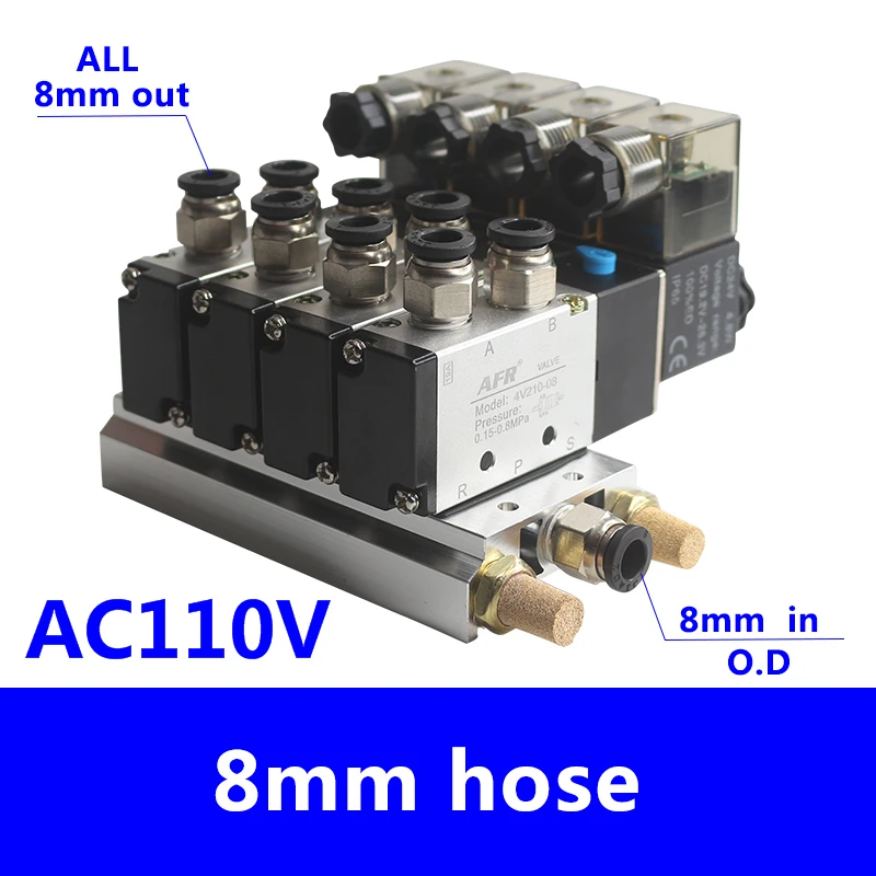 AC110V 8 IN 8 OUT 4V210-08 DC24V 12V 2 положения 5 способ Четырехместный электромагнитный клапан Алюминий базовый фитинг глушители комплект для детей 3, 4, 5, 6 станций AC220V AC110V - Цвет: AC110V 8 IN 8 OUT