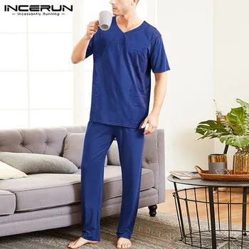 

INCERUN Men Royal Blue Short Sleeve Multi Pockets Overalls Cargo Joggers Elasticated Long Pants Sets Working clothing Coveralls